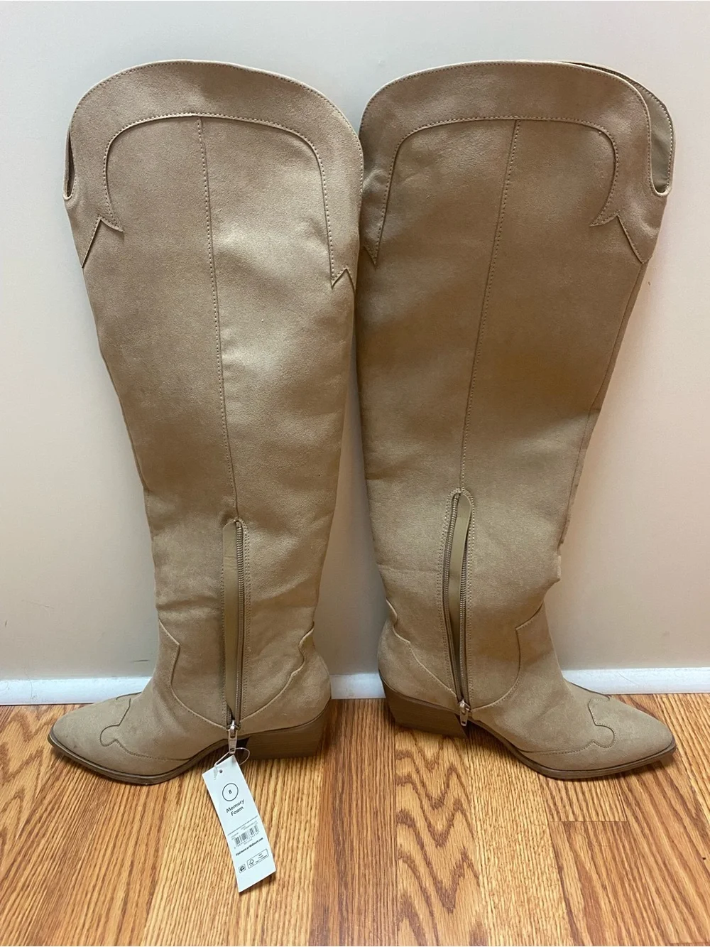 No Boundaries Tan Over-the-Knee Suede Boots with Stud Embellishment